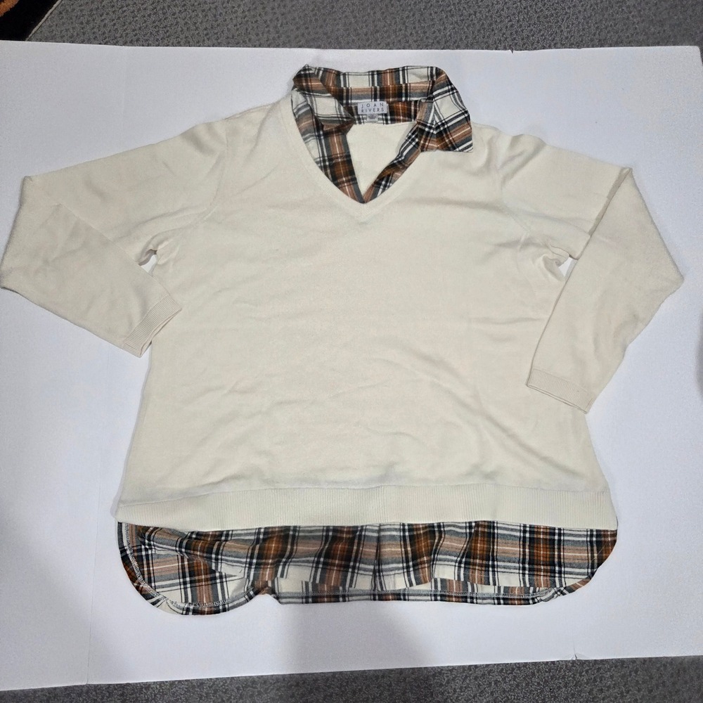 Joan Rivers Sweater Women 1X Cream NWOT Plaid Layered Look V-Neck Plus Size